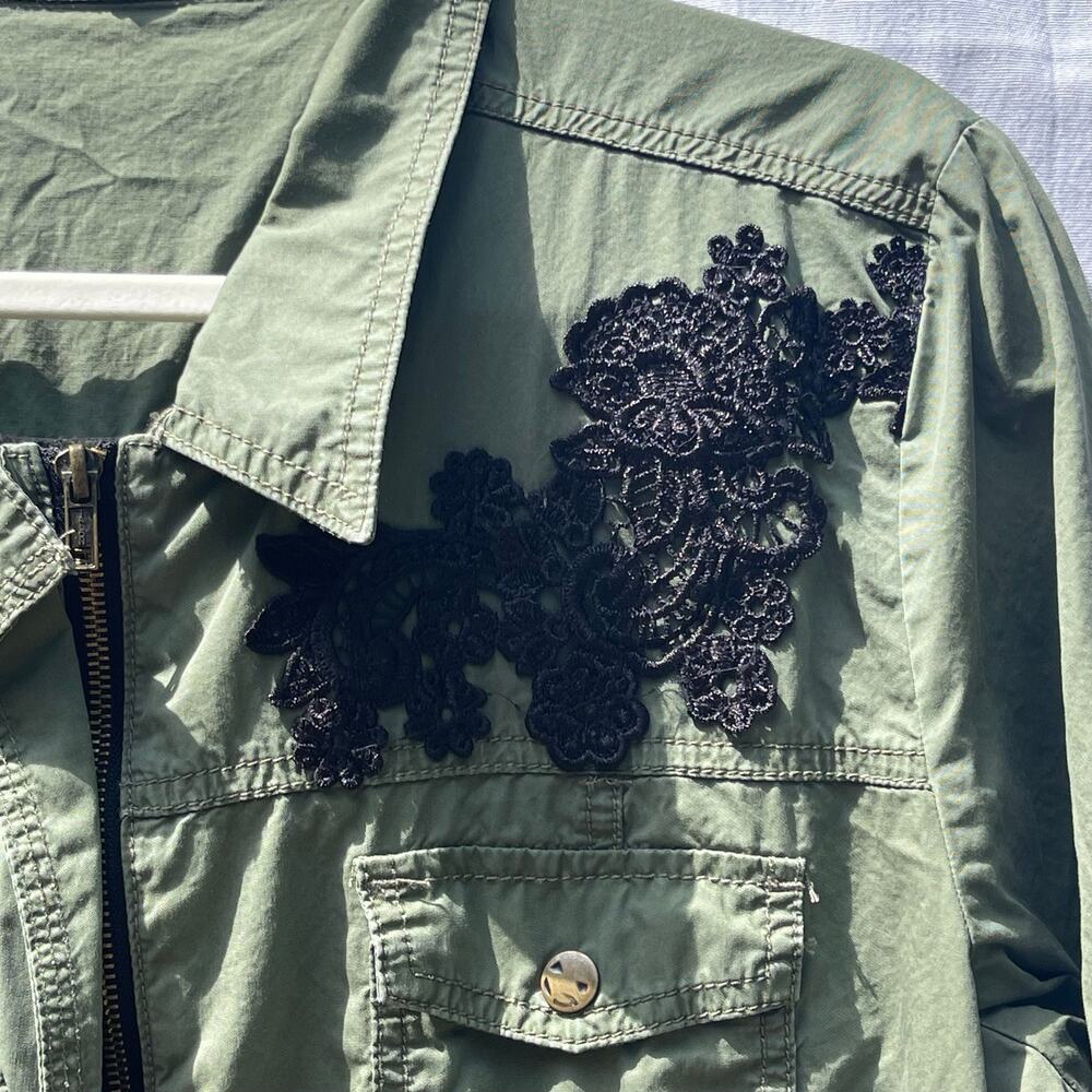 Maurices Women’s XL Olive Green Utility Jacket Black Lace Floral Embroidered